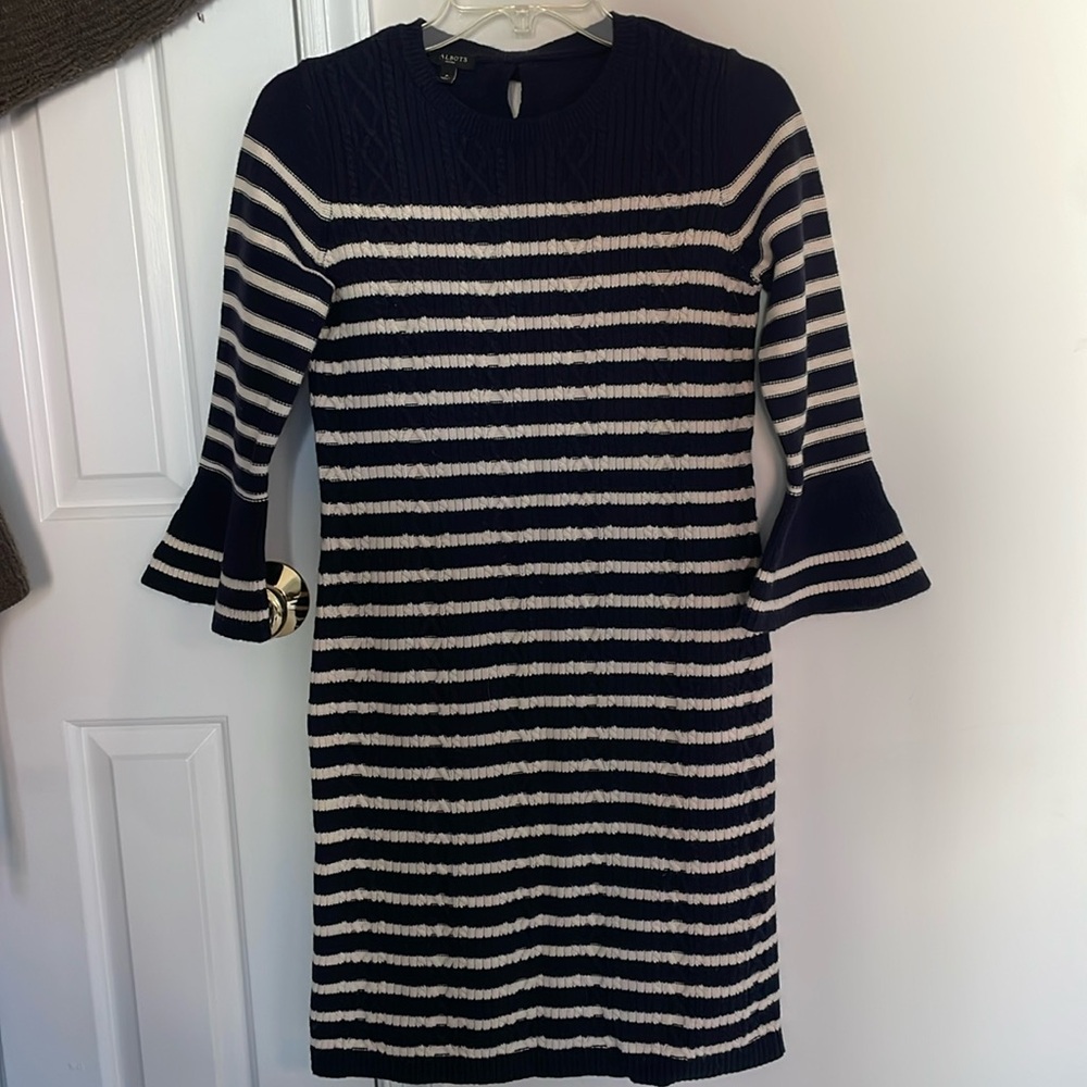 Talbots Navy Blue Ivory Cable Knit Sweater Dress Petite / Small Bell Sleeve